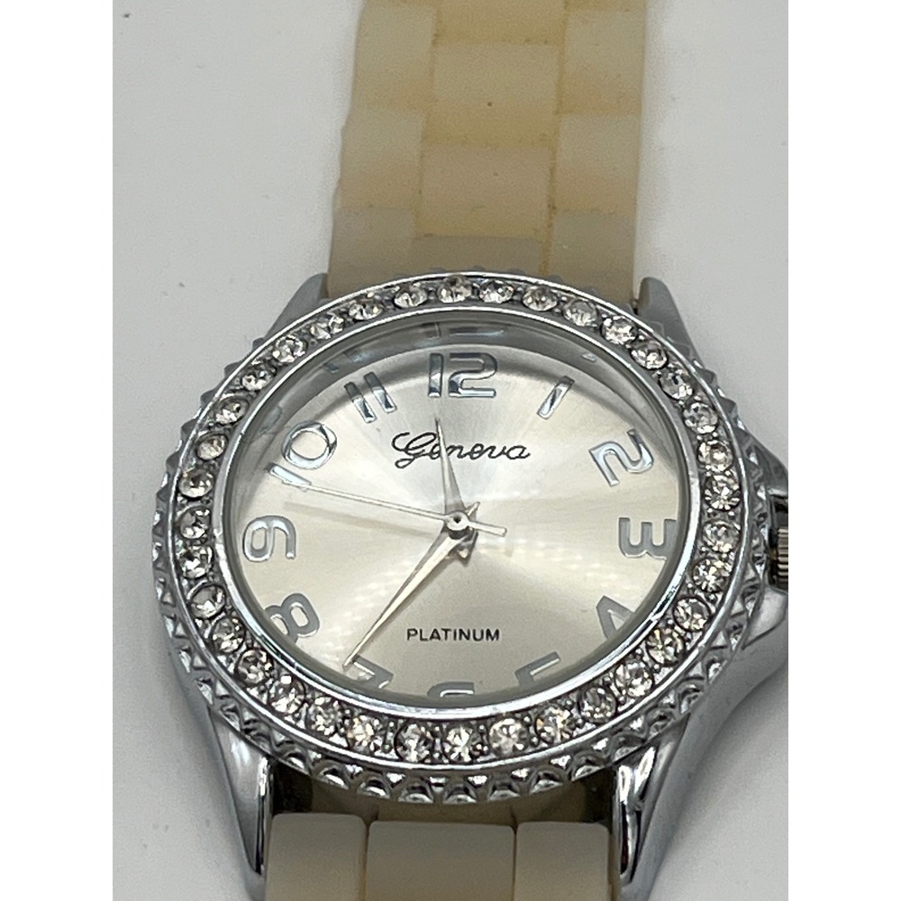 Geneva Platinum Womens Watch Rhinestone Bezel Silver Dial Cream Silicone Strap